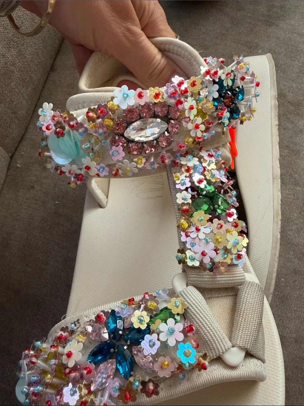 Free people Nan-Ku Embellished Floral Sequin sport Sandals white